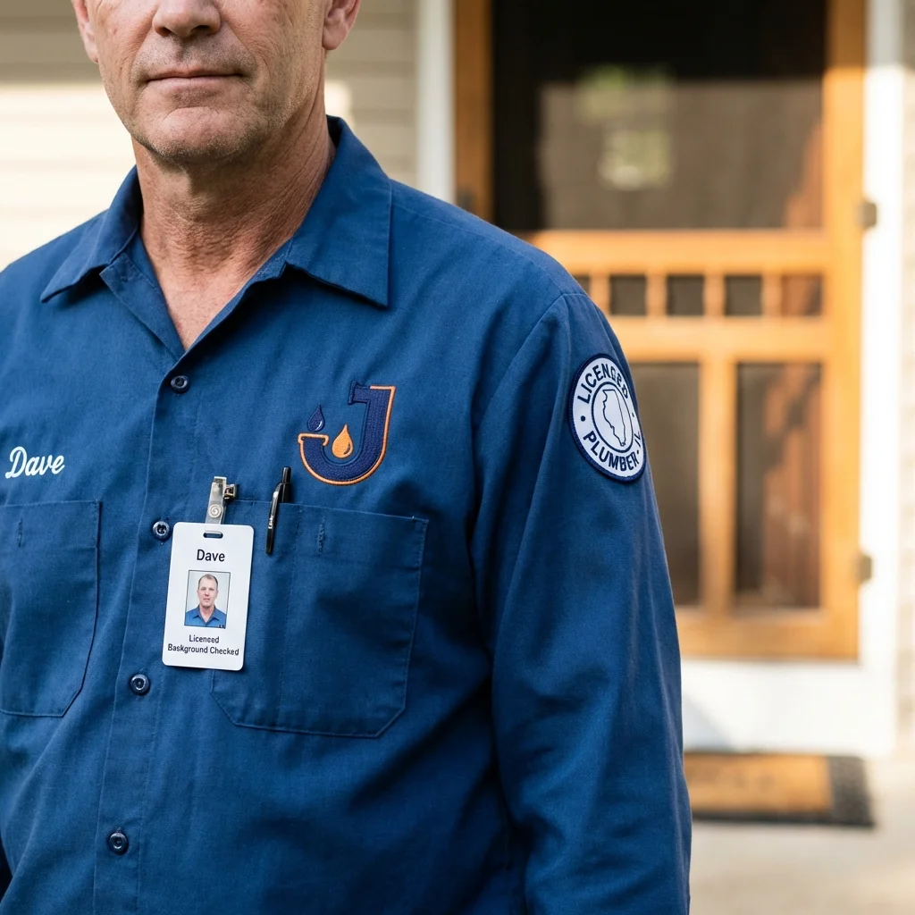 Licensed plumber showing ID badge in Sabana Seca, PR