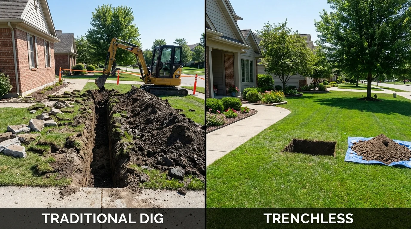 Trenchless sewer repair with minimal yard damage versus traditional excavation in Sabana Seca, PR