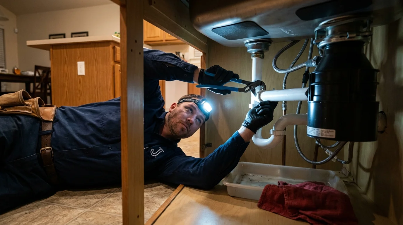P-trap and supply line connections under a kitchen sink showing a common leak point in Sabana Seca, PR